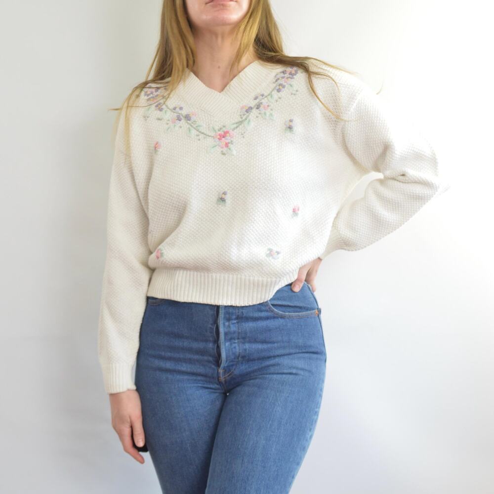 white cropped floral embroidered cotton blend sweater